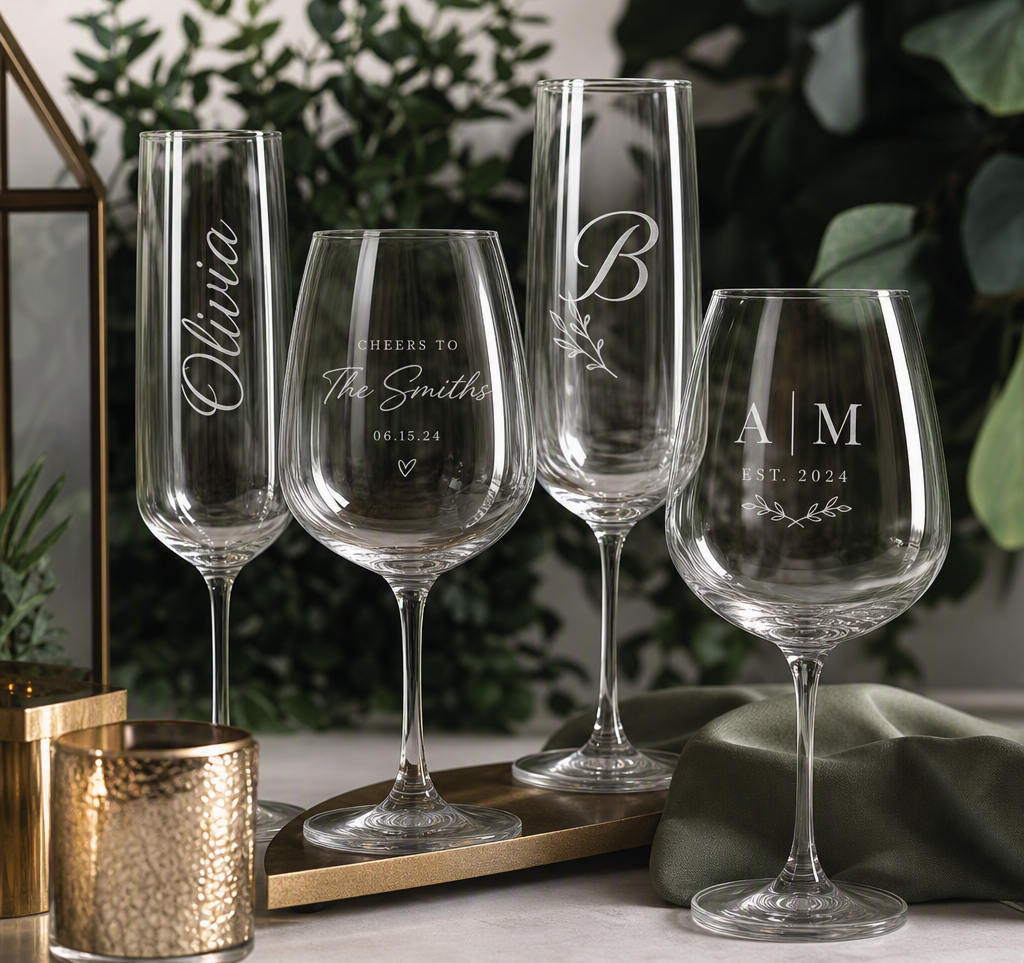 Personalized engraved wine glasses displayed for a private event